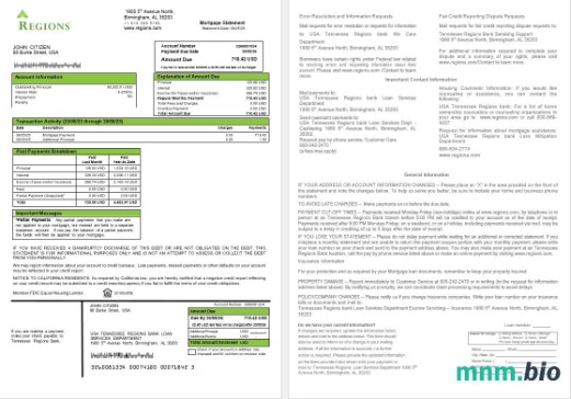 USA Tennessee Regions Bank wyciąg z kredytu hipotecznego w formatach Word i PDF